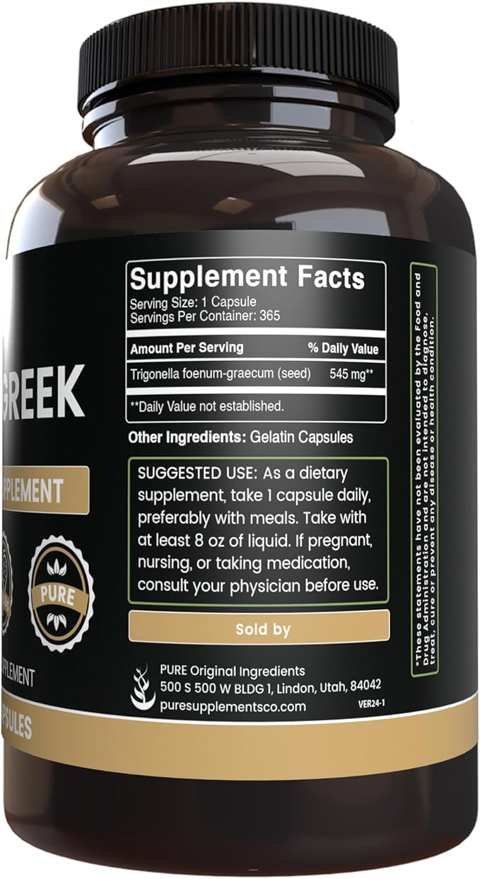 Pure Original Ingredients Fenugreek (365 Capsules) No Magnesium Or Rice Fillers, Always Pure, Lab Verified