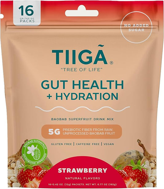 Tiiga 2-in-1 Gut Health + Hydration Drink Mix – Natural Debloat Formula with 75%+ Baobab & Coconut Water. High in Antioxidants, Prebiotics, Zero Added Sugar, Supports Digestion, Energy & Helps Debloat