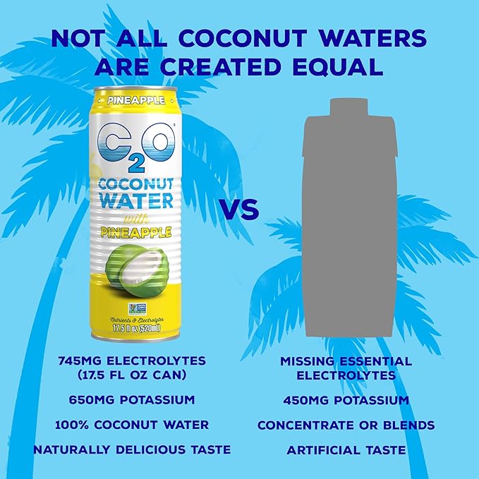 C2O - Coconut Water with Pineapple (12 Pack) - Made with Fresh Coconut Water - Plant Based - Non GMO - Canned Water - Natural Hydration, Essential Electrolytes, & Potassium - 12 Cans, 17.5 FL OZ