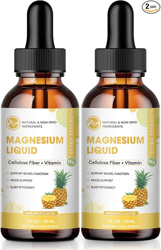 Magnesium Glycinate Liquid Drops, Magnesium Liquid Supplement with Cellulose Fiber, Bromelain, Vitamin B6, C, D, Zinc, Support Night, Muscle, Relax, Bone, Mood, Pineapple Flavor, 2 Pack