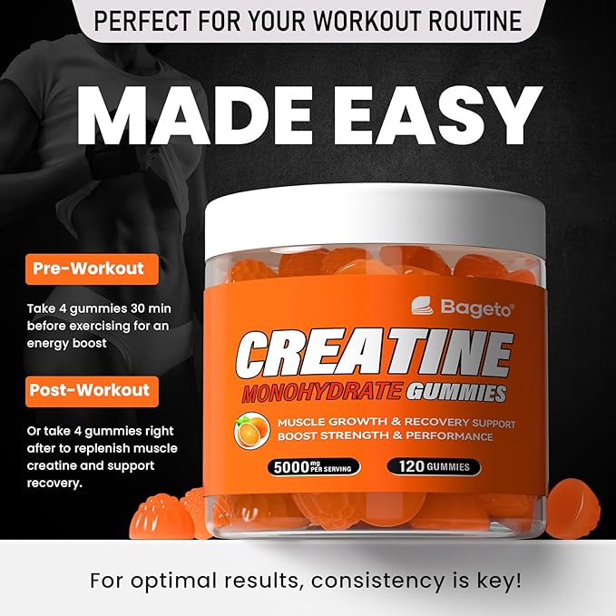 Creatine Monohydrate Gummies 5g for Men Women,Sugar Free Chewables Creatine Pre-Workout for Muscle Strength, Orange Flavor, 120 Count