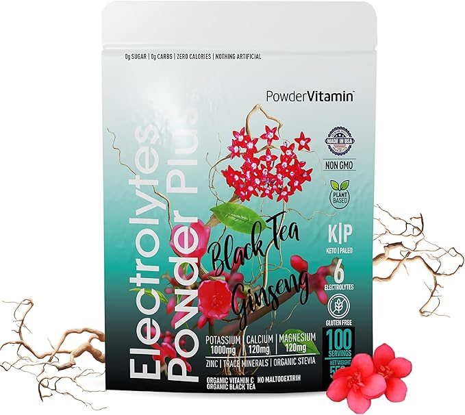 Electrolytes Powder Plus (100 Servings) Black Tea Ginseng Electrolyte Powder Keto, Sugar Free, Pink Himalayan Salt,1000mg Potassium,120mg Calcium,120mg Magnesium, Hydration Powder