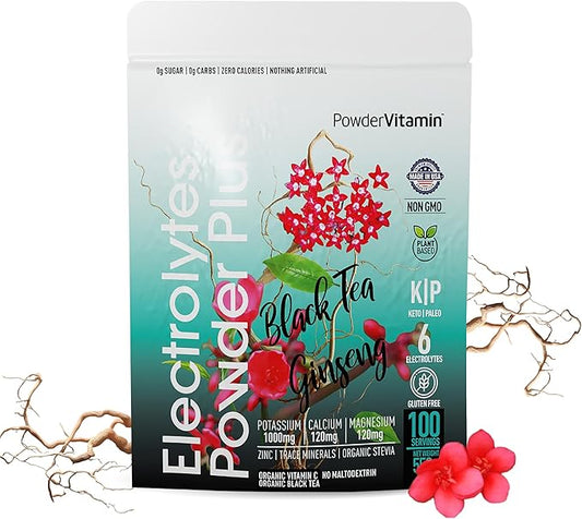 Electrolytes Powder Plus (100 Servings) Black Tea Ginseng Electrolyte Powder Keto, Sugar Free, Pink Himalayan Salt,1000mg Potassium,120mg Calcium,120mg Magnesium, Hydration Powder