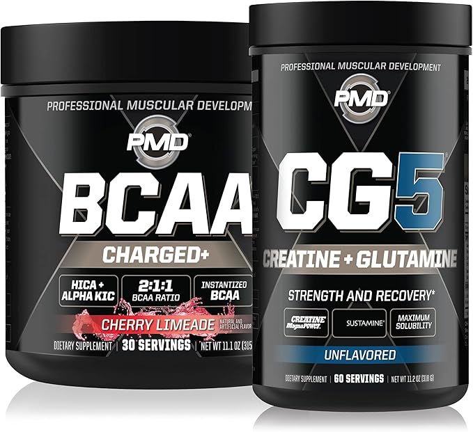 PMD Sports CG5 - Premium Creatine and L-Glutamine Powder (60 Servings) & PMD Sports BCAA Charged Amino Acids for Enhanced Recovery – Cherry Limeade (30 Servings)