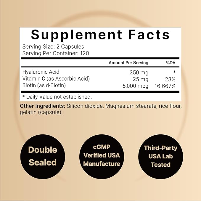 NatureBell Hyaluronic Acid Supplements 250mg | 240 Capsules, with Biotin 5000mcg & Vitamin C 25mg, 3 in 1 Support - Skin Hydration, Joint Lubrication, Hair and Eye Health