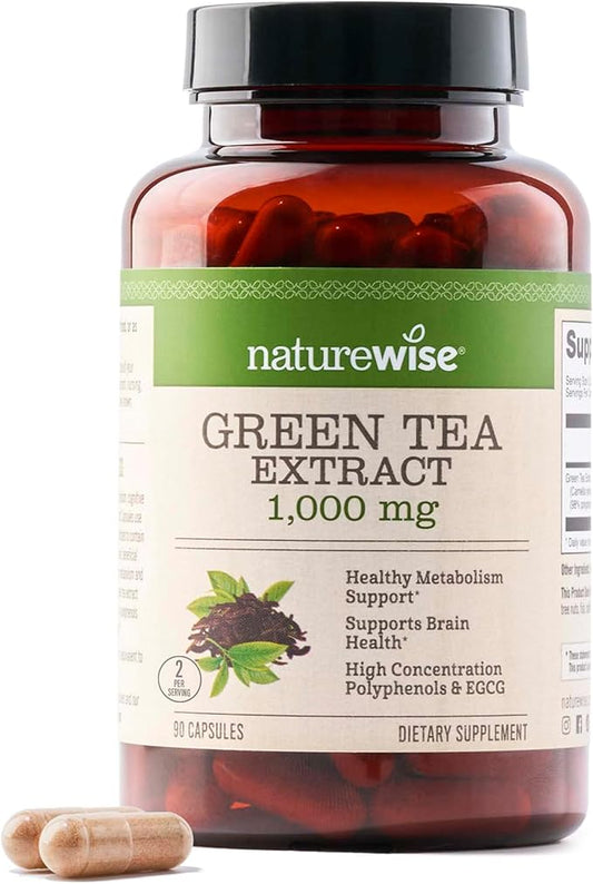 NatureWise Green Tea Extract Capsules 1000 mg - 50% EGCG & 98% Polyphenols - Extra Strength Antioxidants for Heart Health and Energy - Vegan, Gluten Free, Non-GMO - 90 Count[45-Day Supply]