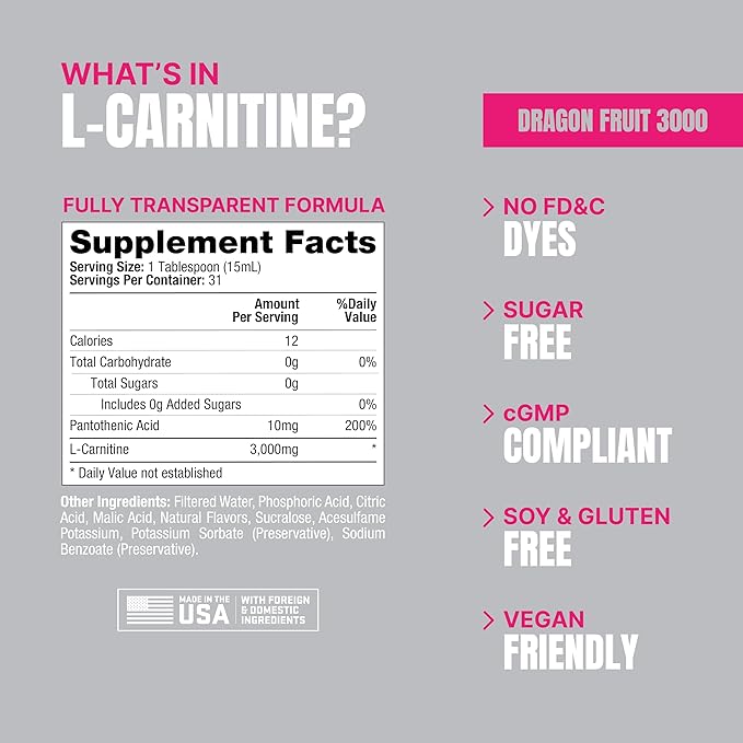 PROSUPPS L-Carnitine Liquid 3000, Stimulant-Free Liquid Shots for Men & Women - Clean Workout Drink for Energy, Performance & Muscle Recovery - No Sugar, No Carbs - 31 Servings, Dragon Fruit