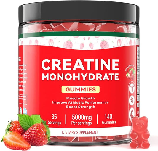 Creatine Monohydrate Gummies for Men & Women, 140 Gummies, Strength and Endurance Enhancing Creatine Gummies, Gluten Free, Sugar Free, Strawberry Flavor