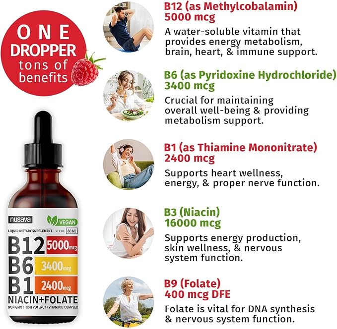 (4 Pack) Vitamin B12 and B6 Liquid Drops, B12 Sublingual Vitamin B Complex - B 12 Vitamin 5000mcg - B12 Methylcobalamin for Energy, Brain, and Heart Support with 27,200 mcg, Raspberry, 80 Servings