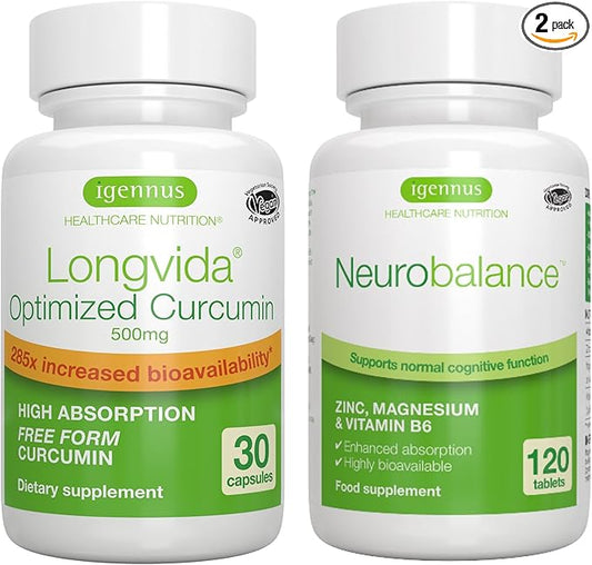 Longvida Curcumin 500mg + Neurobalance High Absorption Zinc Magnesium B6 Vegan Bundle, Ultra Bioavailable Curcumin with Chelated Zinc Picolinate 24mg, Oxide-Free Magnesium, by Igennus