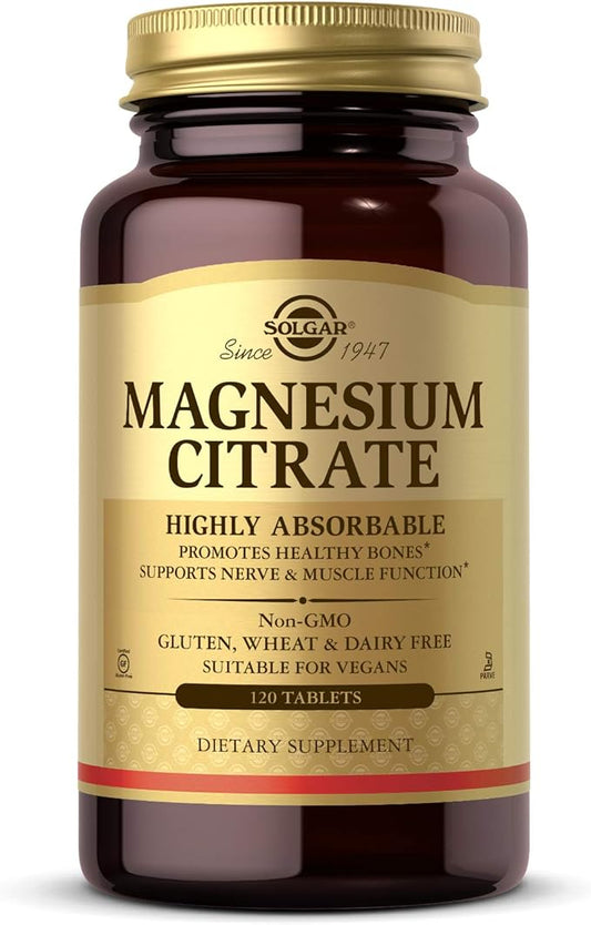 Solgar Magnesium Citrate, 120 Tablets - Promotes Healthy Bones - Supports Nerve & Muscle Function - Non GMO, Vegan, Gluten Free, Dairy Free, Kosher - 60 Servings, Standard Packaging