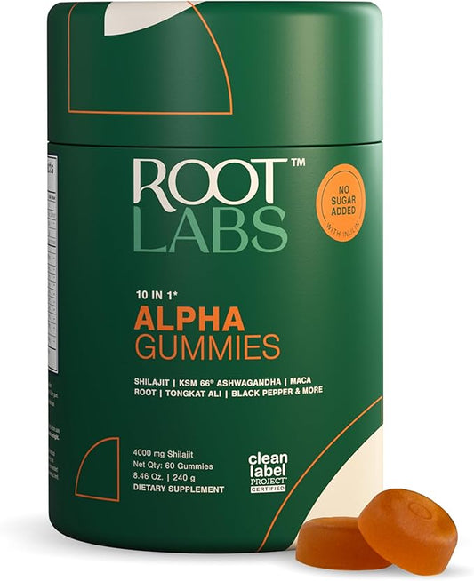 Root Labs10-1 Alpha Gummies | 4000 mg Shilajit I 75% Fulvic Acid | KSM 66 Ashwagandha | Maca Root| Tongkat Ali | No Added Sugar | GMO Free I Vegan I Clean Lab Project Certified I 60 Gummies
