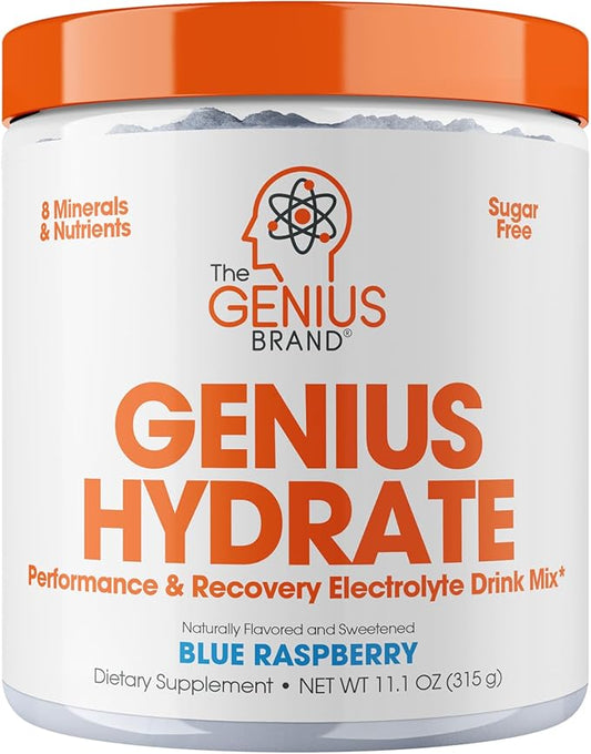 The Genius Brand - Genius Hydrate Powder Drink Mix Blue Raspberry 50 Serving - Electrolyte Hydration Booster Supplement with Coconut Water Potassium Magnesium Zinc Sugar Free No Artificial Sweeteners