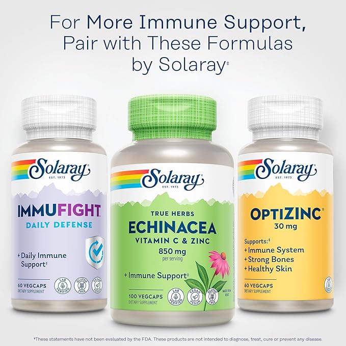 SOLARAY Echinacea Vitamin C & Zinc 850mg Plus Bioflavonoids, Echinacea Capsules for Healthy Immune Support, Vegan, Lab Verified, 60-Day Money-Back Guarantee, 50 Servings, 100 VegCaps