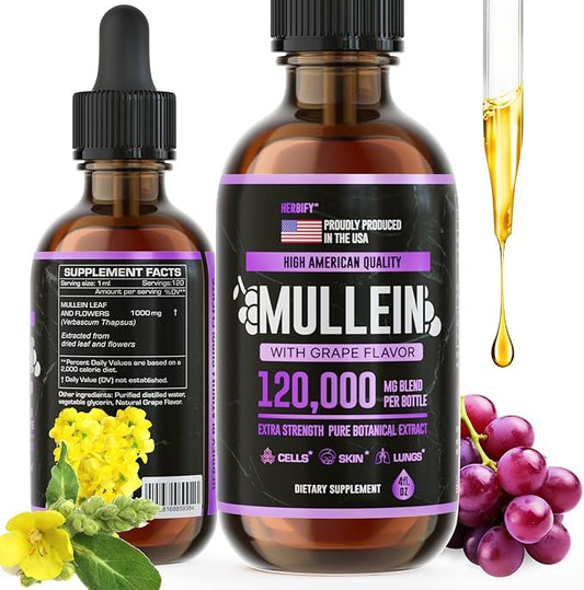 HERBIFY Mullein Drops - Lung Cleanse - Leaf Extract - Powerful Mullein for Immune Support,Detox & Respiratory Support - Made in USA - Herbal Supplements - 4 Oz Grape Flavor