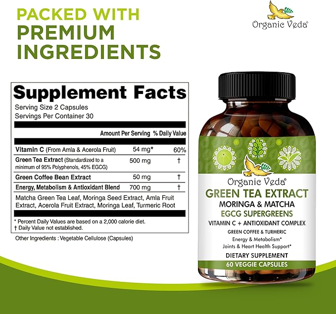 Organic Veda Green Tea Extract ECGC Capsules - Antioxidants Rich Matcha, Green Coffee Bean, Turmeric, Moringa, Vitamin C - Energy, Metabolism, Brain, Immune & Heart Health Supplement - 60 Pills