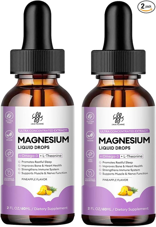 (2 Pack) Magnesium Glycinate Liquid Drop with Citrate, Oxide and Taurate, Calm Magnesium with Omega3, L-Theanine, D3, B6, B12 for Calm, Sleep, Leg Cramps, Muscles, Energy, Sugar-Freek Pineapple Flavor