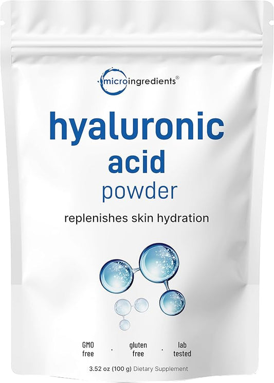 Micro Ingredients Hyaluronic Acid Serum Powder, 100 Grams | Low Molecular Weight, Cosmetics Grade | Skin Hydration and Moisture Support Supplements | Vegan, Water Soluble (Within 2 Hours)