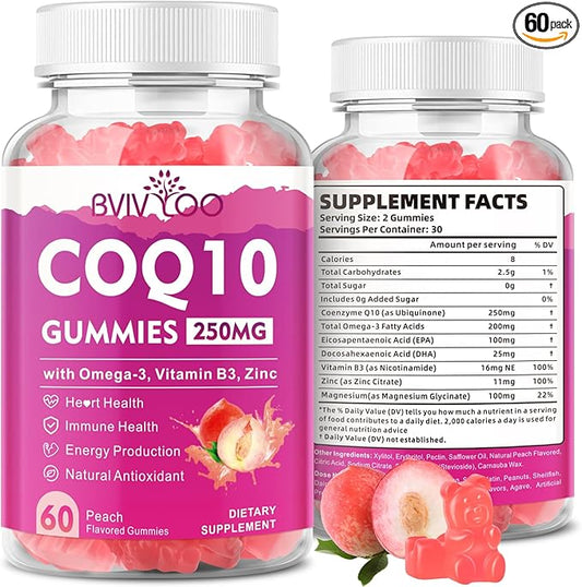 Sugar-Free CoQ10 Gummies 250mg, Plus Omega-3, Vitamin B3 & Zinc, Magnesium - High Absorption Coenzyme Q10 Supplements for Heart Health, Cellular Energy, & Antioxidant Support, 60 Count