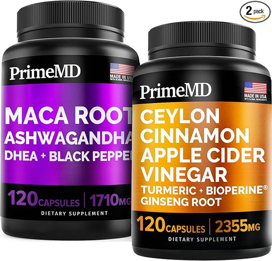 5-in-1 Ceylon Cinnamon w Apple Cider Vinegar, Turmeric, & Ginseng Root (120ct) & 6-in-1 Maca Root Ashwagandha w DHEA & Black Pepper Fruit (120ct) Bundle - Energy, Mood, & Immune Support Supplement