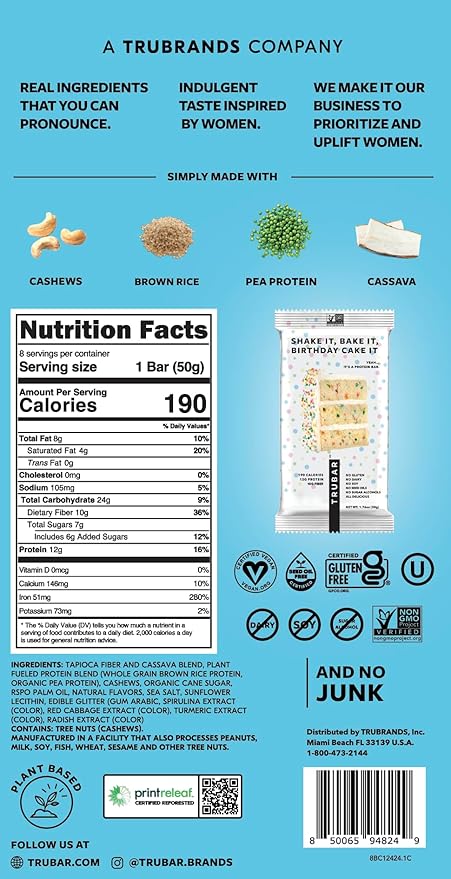 TRUBAR Vegan Protein Bar, Shake it Bake it Birthday Cake it, Gluten Free, Plant Based Protein, Dairy Free, Non GMO, Soy Free, No Sugar Alcohols, 12G Protein, 12G Fiber, 23G Carb, On the Go Snack Bars, 8ct