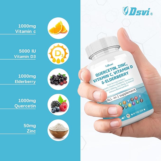 Quercetin 1000mg Zinc 50mg Vitamin C 1000mg Vitamin D 5000IU Immune System Support Supplement with Echinacea Ginger Bromelain Sea Moss Garlic Nettle Vegan Capsules for Men and Women,60 Count USA