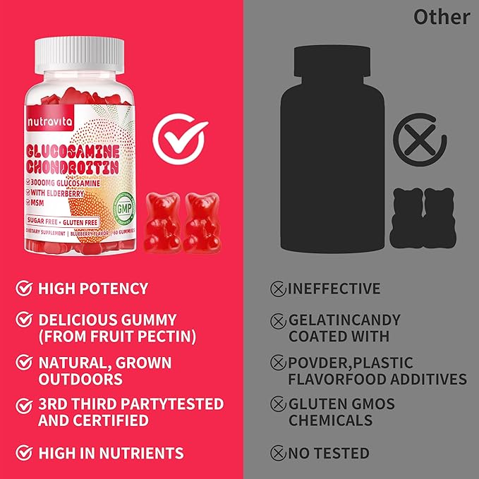 Glucosamine Chondroitin Gummies with MSM & Elderberry Extra Strength - Joint Support, Antioxidant Immune Support Supplement for Adults, Men & Women.60 Strawberry Chews