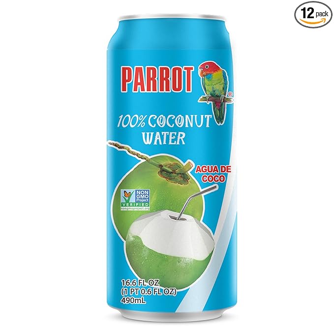 Parrot Brand Coconut Water No Pulp 490ml 16.6 fl. oz.100% Juice Refreshing Coconut Taste Natural Essential Plant Based Non-GMO Electrolytes Antioxidant Low Calorie Hydrating(Pack of 12)