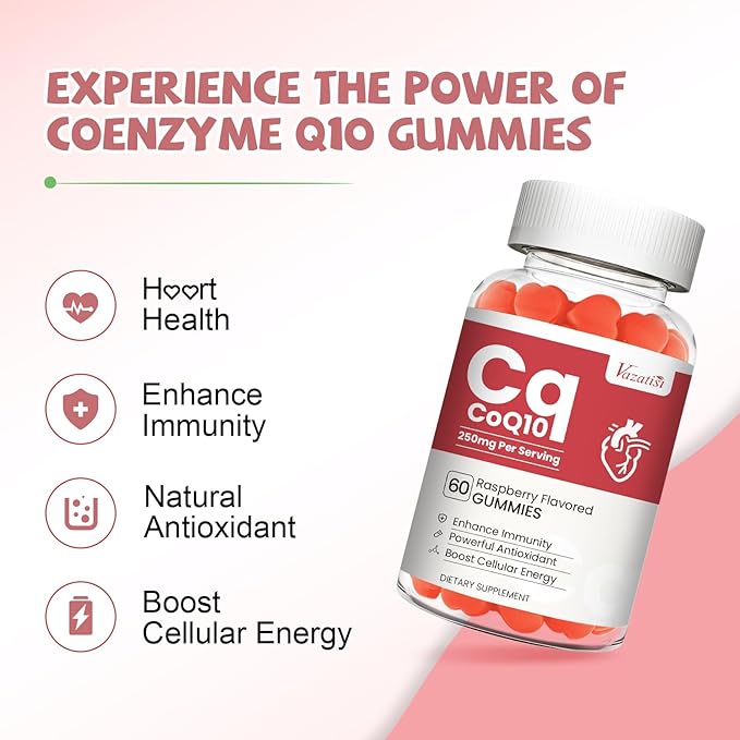 2 Pack CoQ10 Gummies 250 mg, Plus Omega-3, Magnesium, Vitamin B12 for Cellular Energy, Brain & Antioxidant, 5X Better Absorption Coenzyme Q10 Supplement, Raspberry Flavored Gummies - 120 Cts