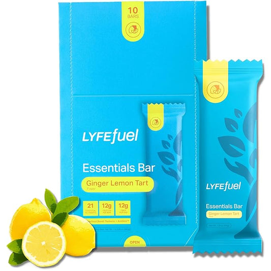 Essential Nutrition Bars by LyfeFuel | Vegan Protein Bar & Low Carb Meal Replacement for Intermittent Fasting and Hunger Control | 12g Plant-Based Protein, High Fiber, MCT Oil and 21 Organic Vitamins | No Sugar Alcohols (Lemon Ginger Tart)