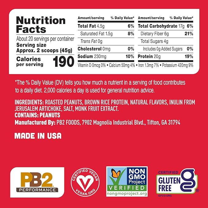 PB2 Performance Peanut Plant Based Vegan Protein Powder | 20g Complete Protein, No Added Sugar, Prebiotic Fiber | Dairy Free, Certified Vegan, Non-GMO, Gluten Free [Peanut w/Madagascar Vanilla, 2LB]