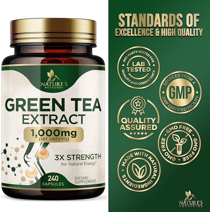 Green Tea Extract Supplement Pills 1000mg - 98% Standardized EGCG with Polyphenols - 3X Strength for Natural Energy - Supports Heart and Antioxidant Health - Nature's Gentle Caffeine - 240 Capsules