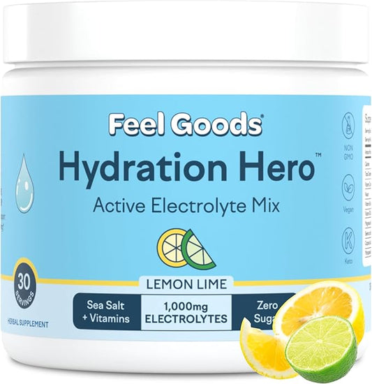 Feel Goods Hydration Hero, 1,000mg Electrolytes Powder, Sugar Free, Magnesium, Organic Aloe Vera, Organic Aloe, L Theanine, Vitamin C & B12, Non GMO, Keto, Vegan | Lemon Lime, 30 Servings