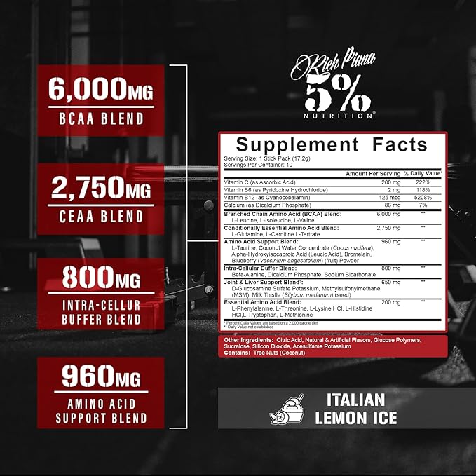 5% Nutrition Rich Piana AllDayYouMay BCAA Powder | 9g of Premium Intra & Post Workout Amino Acids for Hydration, Endurance, Muscle Recovery, Joint & Liver Support (Italian Lemon Ice)