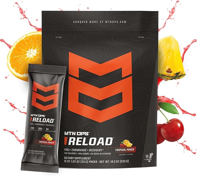 MTN OPS Reload Ready-to-Mix Carb Mix, 30g Fast-Digesting Carbohydrates, MCT Oil Powder & BCAAs, Energy & Endurance, Single-Serve Stick Packs, 15 Servings, Tropical Punch