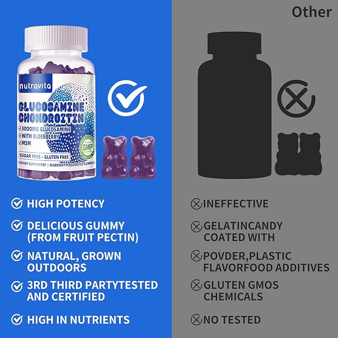 Glucosamine Chondroitin Gummies with MSM & Elderberry Extra Strength - Joint Support, Antioxidant Immune Support Supplement for Adults, Men & Women.60 Blueberry Chews