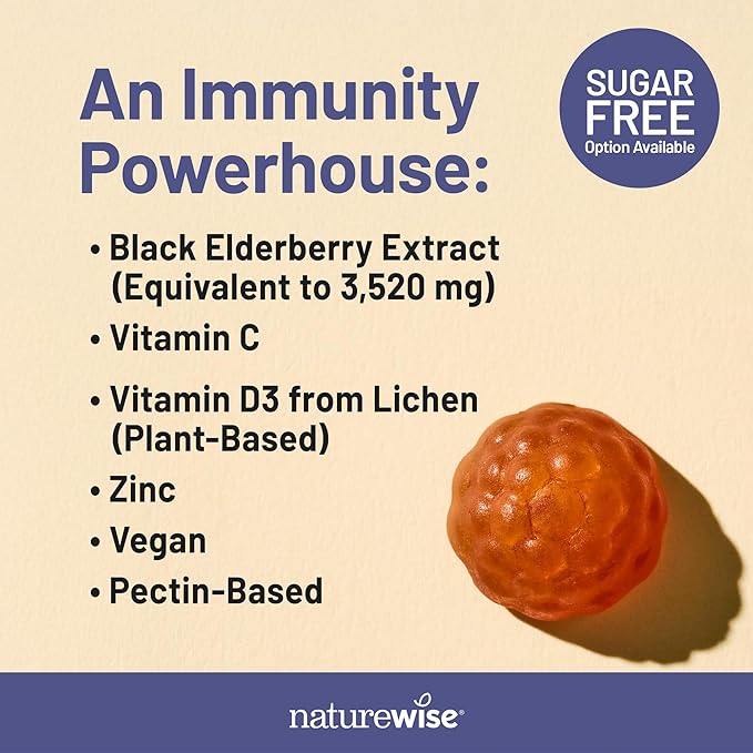 NatureWise Sambucus Elderberry Gummies - Immune Support Supplement for Kids Ages 4+ & Adults with Vitamin C, D3, Zinc - Elderberries Equivalent to 3520mg - Vegan, Non-GMO - 60 Count[30-Day Supply]