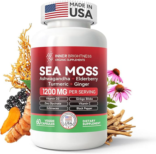 All-in-1 Irish Sea Moss Pills with Ashwagandha, Ginkgo Biloba, Turmeric & Vitamin C for Energy, Focus & Immune Support - 60ct Sea Moss Pills