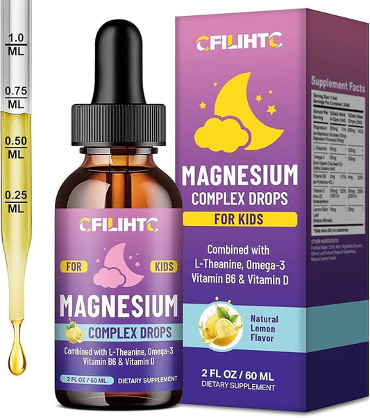Kids Magnesium Liquid Drops-Magnesium Glycinate Liquid for Kids Supplement-w/L-theanine, Omega-3, Vitamin B6, D3 - for Sleep, Relaxation, Brain, Bones - Lemon Flavor, 2 Fl Oz