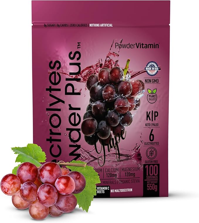 Electrolytes Powder Plus (100 Servings) Grape Electrolyte Powder Zero Calorie Keto, 0 Sugar, No Maltodextrin,1000mg Potassium,120mg Calcium,120mg Magnesium, Hydration Powder