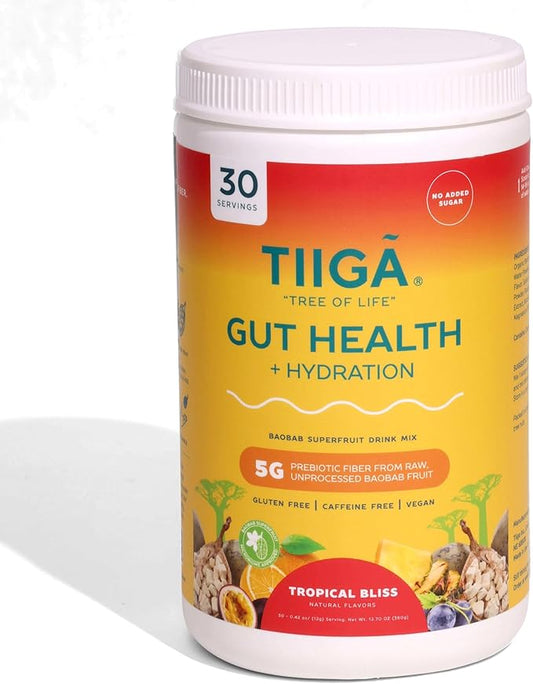 Tiiga 2-in-1 Gut Health + Hydration Drink Mix – Natural Debloat Formula with 75%+ Baobab & Coconut Water. High in Antioxidants, Prebiotics, Zero Added Sugar, Supports Digestion, Energy & Helps Debloat
