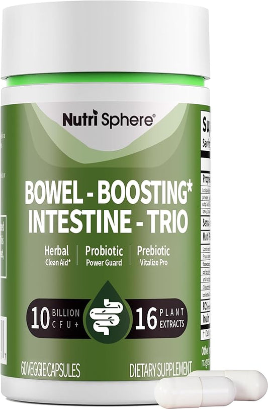 NutriSphere Gut Cleanse Probiotic Capsules – 10 Billion CFU, 9 Strains, 16 Plant Extracts (Aloe, Psyllium, Licorice Root etc.), with Prebiotics for Digestive Health, Bowel-Boosting*Intestine-Trio