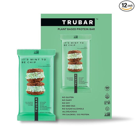 TRUBAR Vegan Protein Bar, It’s Mint to Be Chip, Gluten Free, Plant Based High Fiber, Dairy Free, Low Fat, Non GMO, No Sugar Alcohols, 12G Lean Protein, 13G Fiber, Healthy Snack Bars, 12 CT