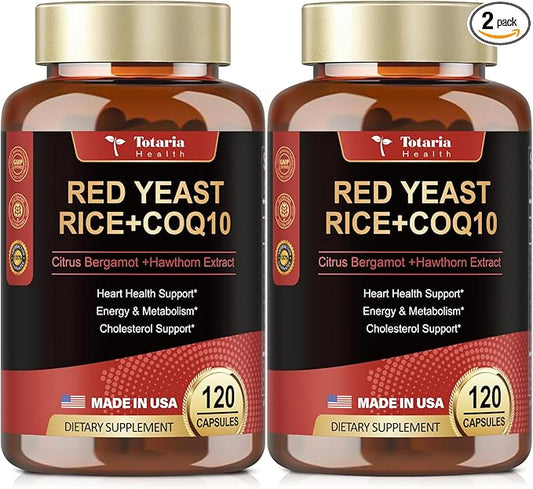 (2 Packs) Red Yeast Rice with CoQ10 Supplement - Max Strength Red Yeast Rice 2,000 mg Capsules with CoQ10 100mg Plus Citrus Bergamot - Niacin-Free, Cholesterol & Energy Supplement 3rd-Party Tested