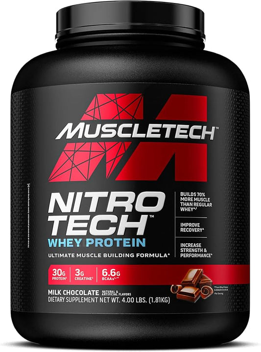 Muscletech Whey Protein Powder (Milk Chocolate, 4 Pound) - Nitro-Tech Ultimate Muscle Building Formula with Whey Protein Isolate & Peptides - 30g of Protein, 3g of Creatine & 6.8g of BCAA