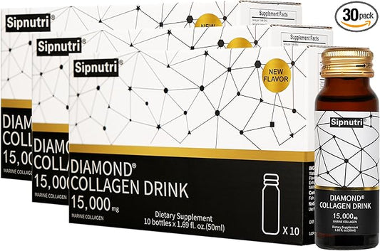 Diamond Liquid Collagen Drink, 15000 mg Hydrolyzed Marine Collagen Peptides with Vitamin C, Pomegranate, Healthy Hair Skin Nails Joints Bones Support, 50 ml x 10 Bottles (3 Boxes)