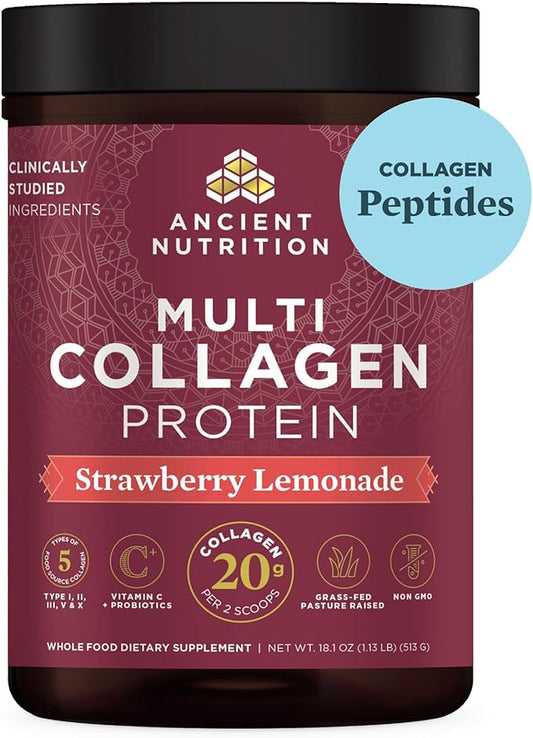 Ancient Nutrition Collagen Peptides Powder, Multi Collagen Protein, Women & Men, Vitamin C, Probiotics, Hydrolyzed Collagen, Supports Skin, Joints, Gut Health, Strawberry Lemonade, 45 Servings