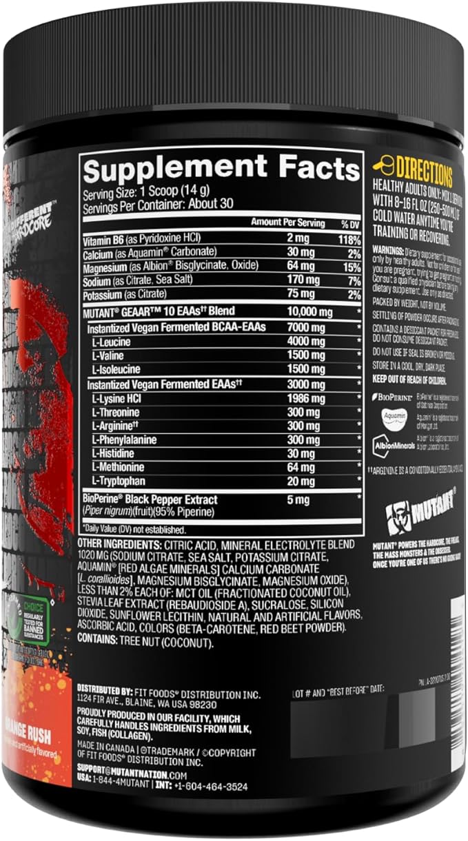 Mutant GEAAR - 9.4g of EAA Powder + Arginine, 7g BCAAs, 4g Leucine, Electrolytes, Coconut Water, 30 Servings (Orange Rush)