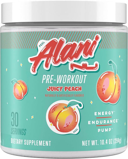 Alani Nu Pre Workout Powder Juicy Peach, Amino Energy Boost, Endurance Supplement, Sugar Free, 200mg Caffeine, L-Theanine, Beta-Alanine, Citrulline, 30 Servings