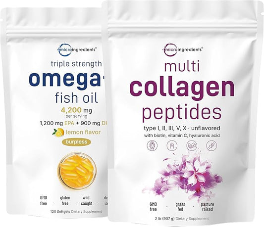 Micro Ingredients Multi Collagen Protein Powder 2 Pounds & Omega-3 Fish Oil 4,200 mg Softgels Bundle 2 Pack | Grass-Fed Collagen Peptides | Wild-Caught Fish, Lemon Flavored, Burpless